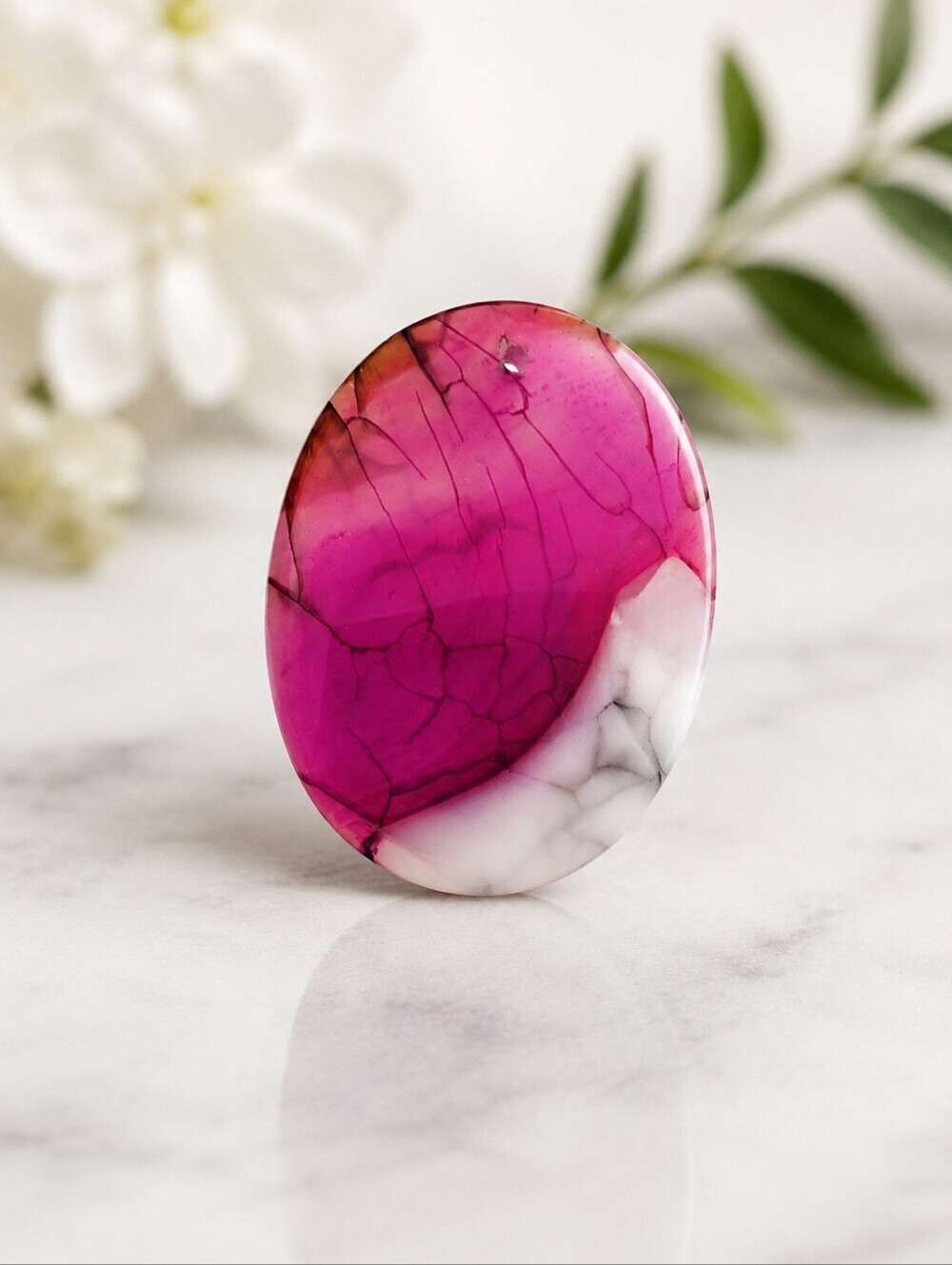 Pink and White Dragon's Veins Oval Agate Pendant - Jewelry Making